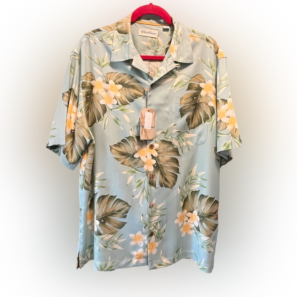 Caribbean men’s button down silk blend tropical short sleeve shirt size L  NWT